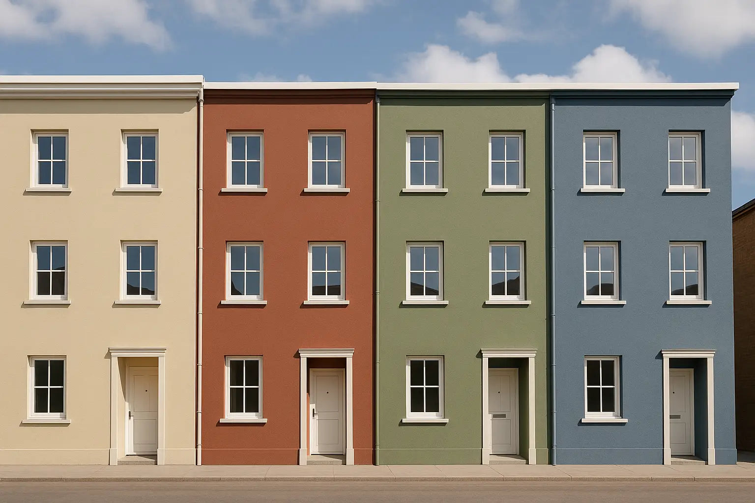 Row of modern three-story homes finished in four different Elastocolor coatings — beige, terracotta, muted olive, and muted blue — under a bright sky, showcasing durable colour options for building exteriors.