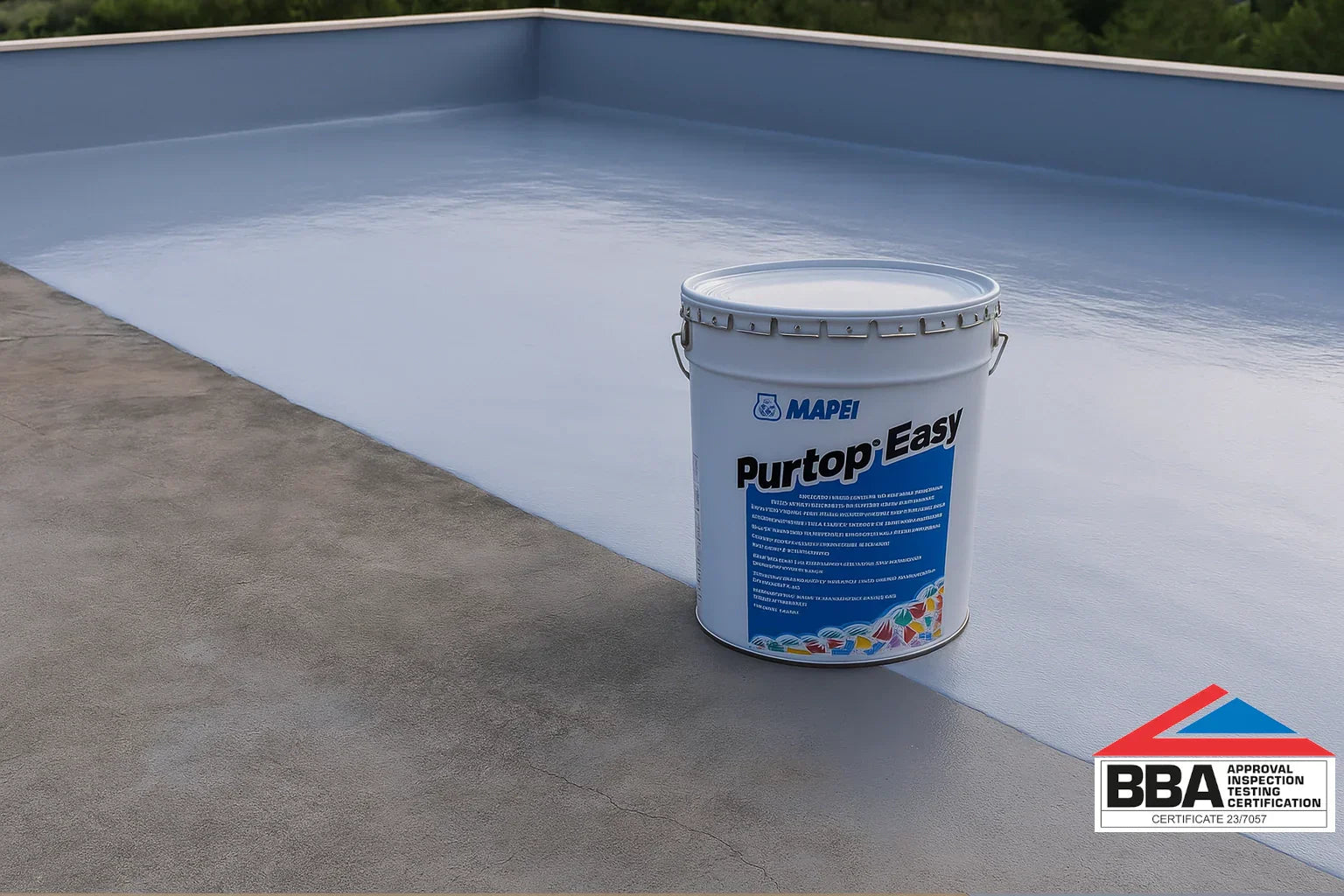 Mapei BBA Certified Purtop Easy 25kg one-component polyurethane waterproofing membrane applied to flat roof.