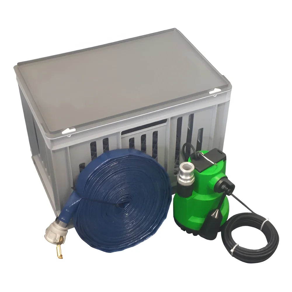 Edincare Flood Pump Kit Model 2203 for efficient floodwater removal from basements and low-lying areas. Includes 20m hose, filter tank, and quick-release coupling