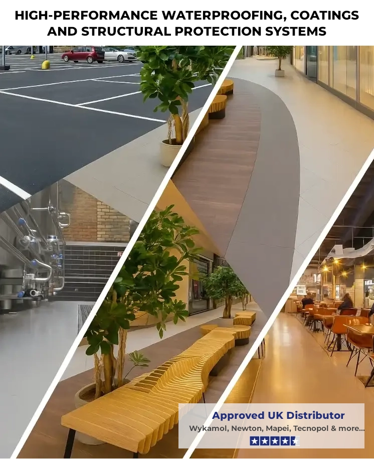 Certified waterproofing solutions banner showing car park and commercial flooring coatings with text promoting next-day UK delivery from leading brands including Wykamol, Newton, Mapei and Desmopol.