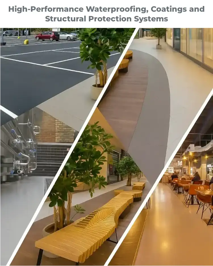 Certified waterproofing solutions banner showing car park and commercial flooring coatings with text promoting next-day UK delivery from leading brands including Wykamol, Newton, Mapei and Desmopol.