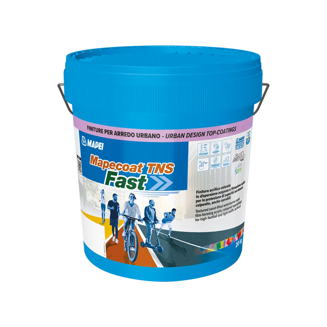 MAPECOAT TNS FAST being applied to a cycle track with a roller, showing smooth, colorful finish ideal for heavy foot traffic and outdoor surfaces