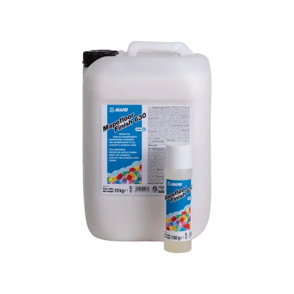 "MAPEFLOOR FINISH 630 two-component acrylic filming agent in water dispersion for concrete and ULTRATOP floors, providing abrasion-resistant and durable protection."