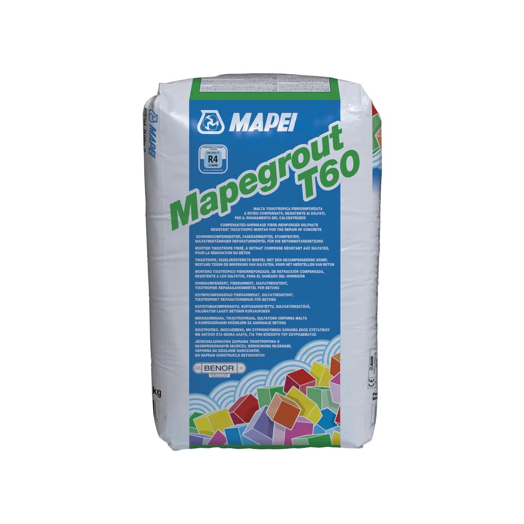 Mapei Mapegrount T60 25kg Bag, a sulphate-resistant, thixotropic fibre-reinforced mortar for repairing concrete, ideal for structural repairs and exposed environments