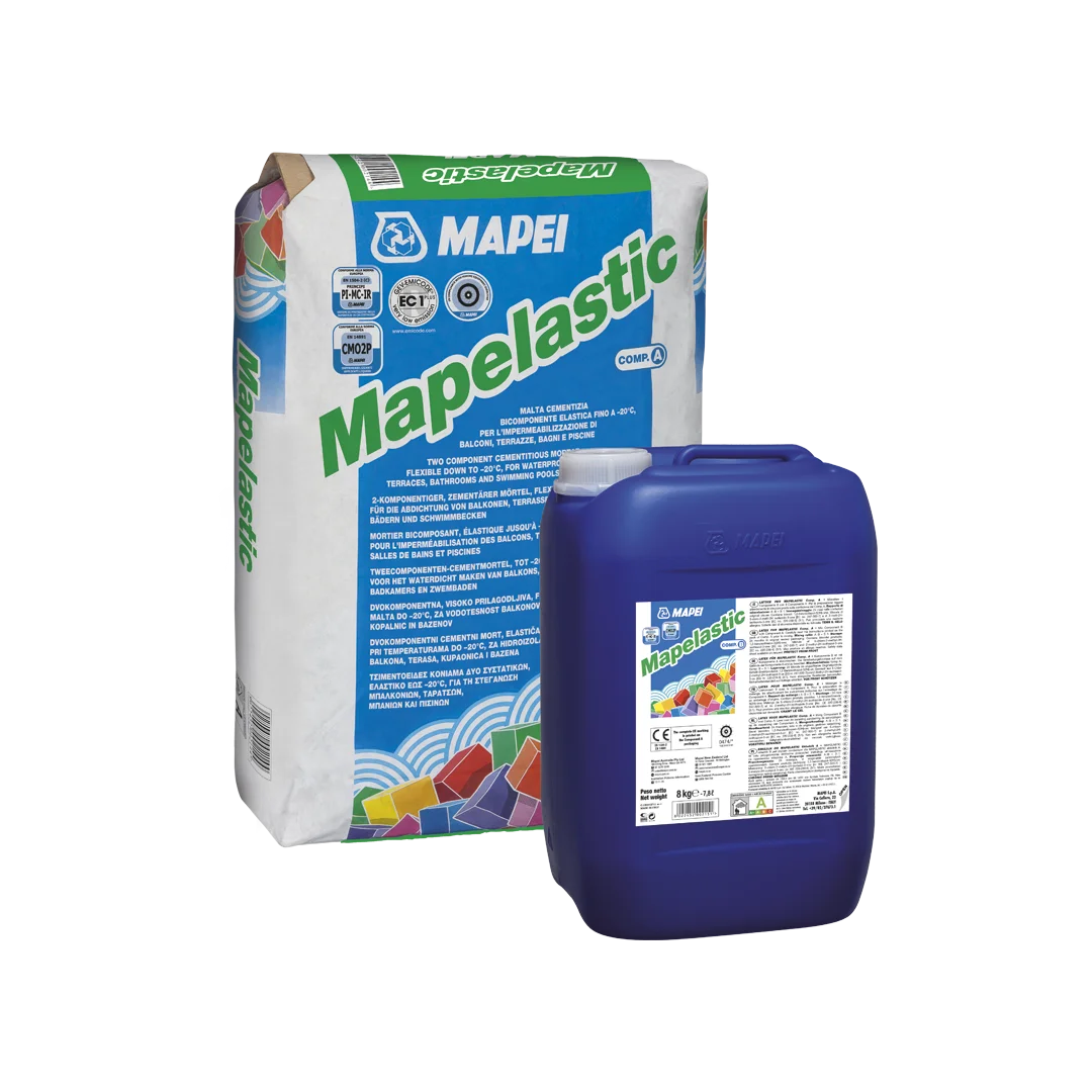 Mapei Mapelastic two-component flexible cementitious waterproofing mortar – 24kg powder bag and 8kg liquid tank packaging