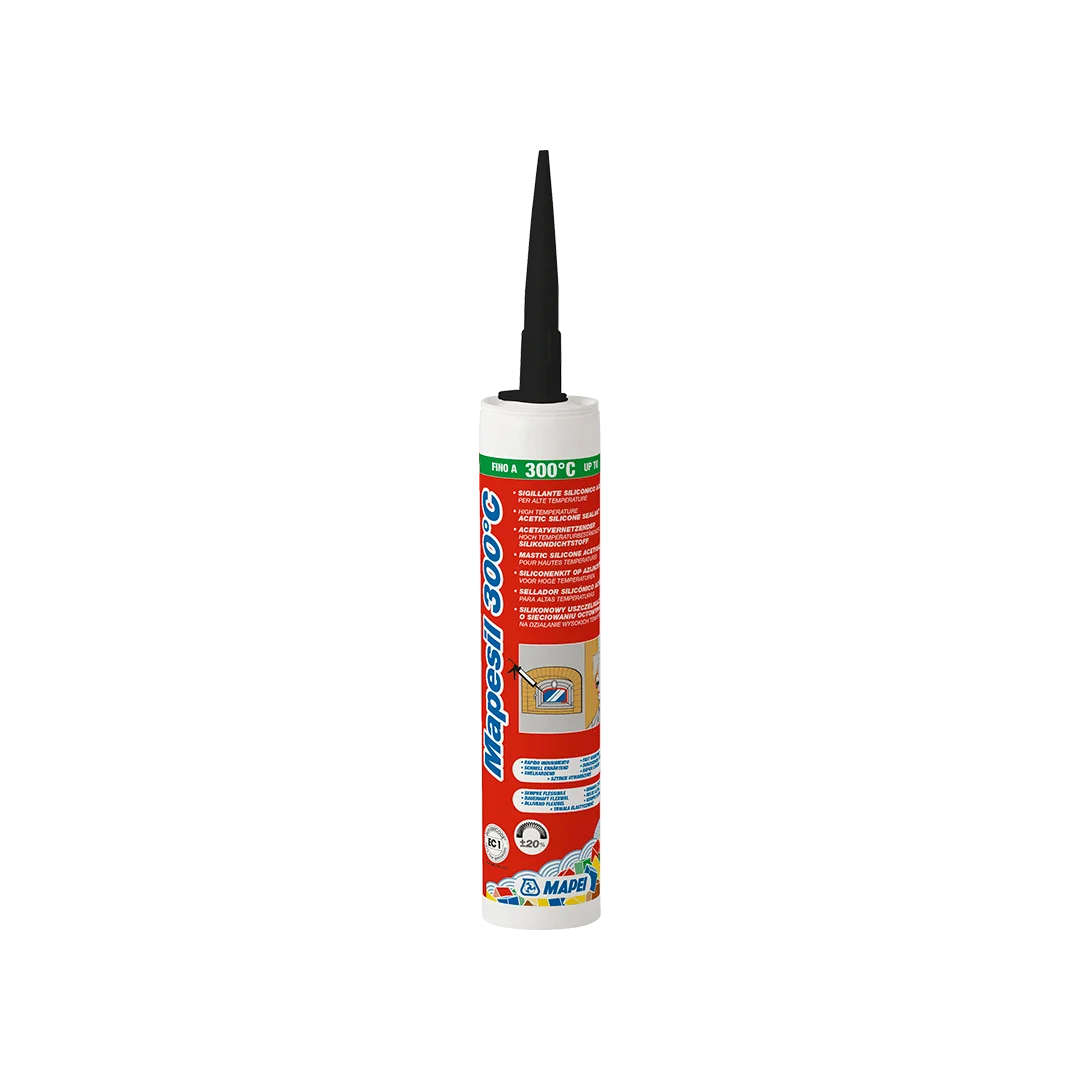 "MAPESIL 300°C acetic silicone sealant for high temperatures, black sealant for ovens, chimneys, flues, and heating systems, resistant up to 300°C."