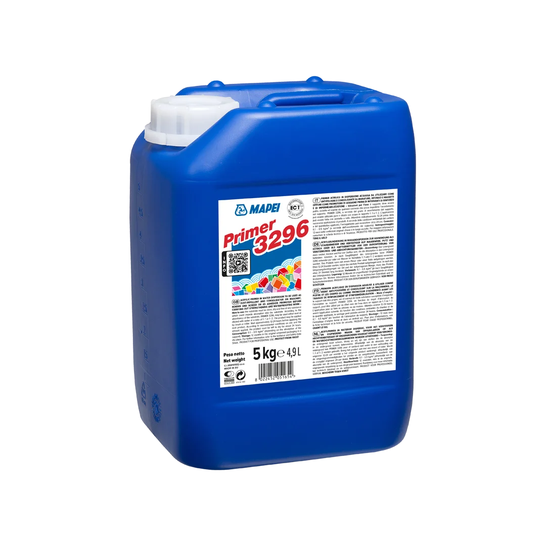 PRIMER 3296 being applied with a roller on a dusty concrete wall to strengthen and reduce surface porosity before coating