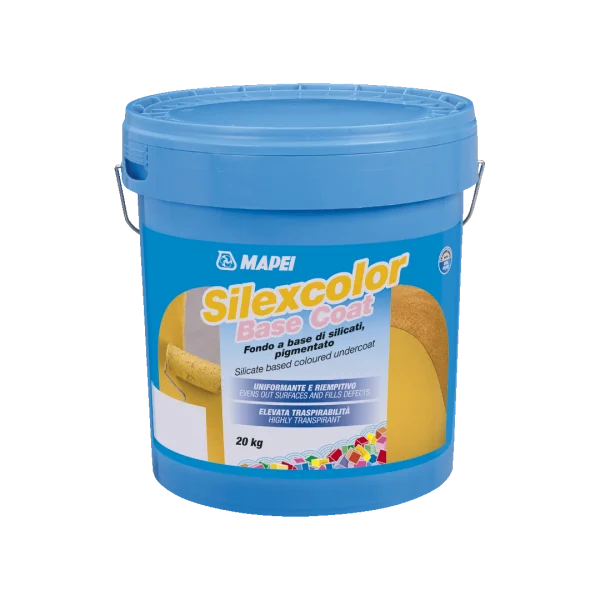 "SILEXCOLOR BASE COAT coloured silicate undercoat with smooth finish and good filling properties for both internal and external surfaces, providing breathable protection."