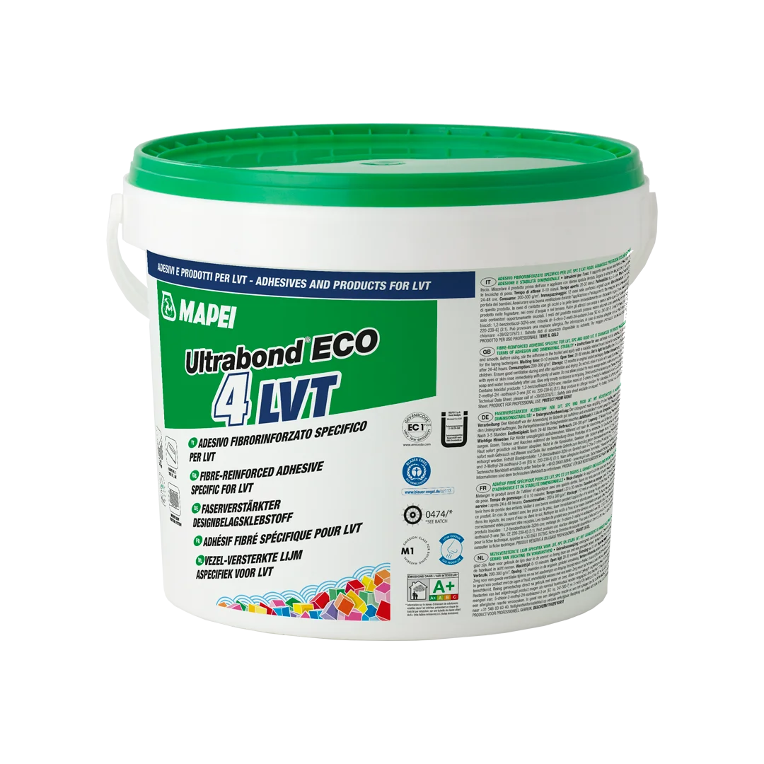 Mapei Ultrabond ECO 4 LVT adhesive in a white plastic tub with green lid, labeled for fibre-reinforced LVT flooring installations.
