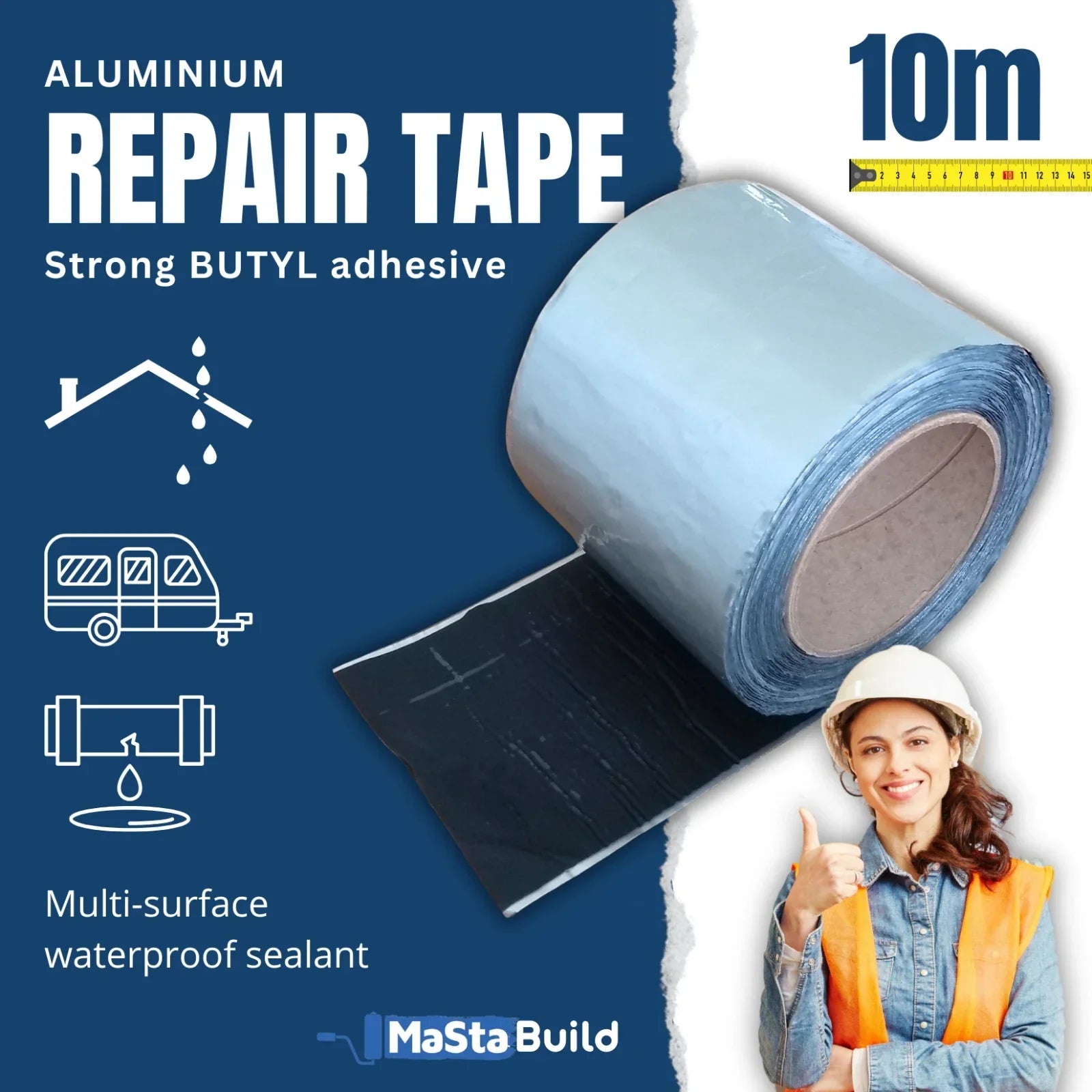 10m flashing tape, aluminium flashing tape, aqua build, butyl tape, caravan repair tape