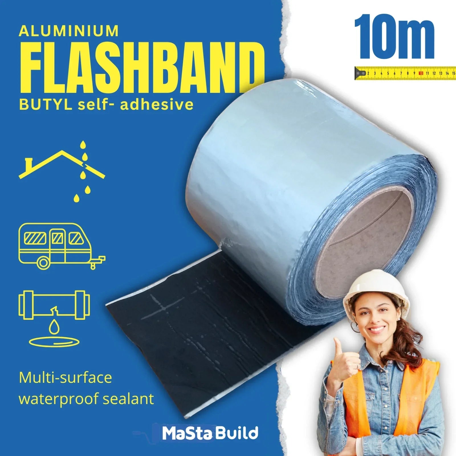 10m flashing tape, aluminium flashing tape, aqua build, butyl tape, caravan repair tape