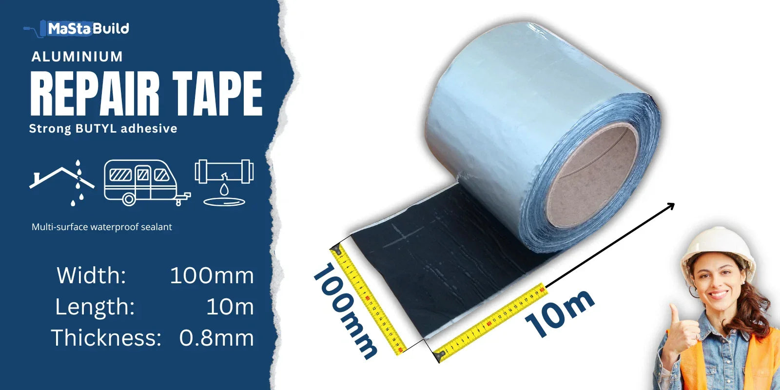 10m flashing tape, aluminium flashing tape, aqua build, butyl tape, caravan repair tape