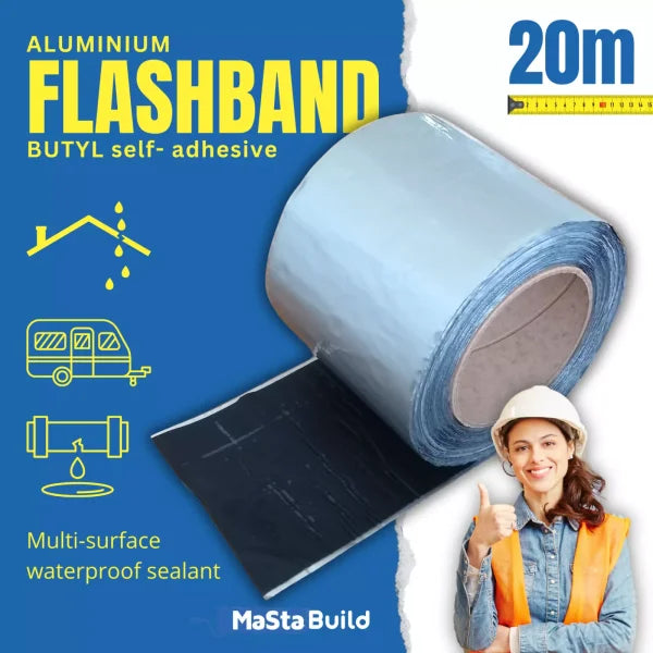 20m flashing tape, aluminium reinforced tape, aqua build, butyl tape, caravan repair tape