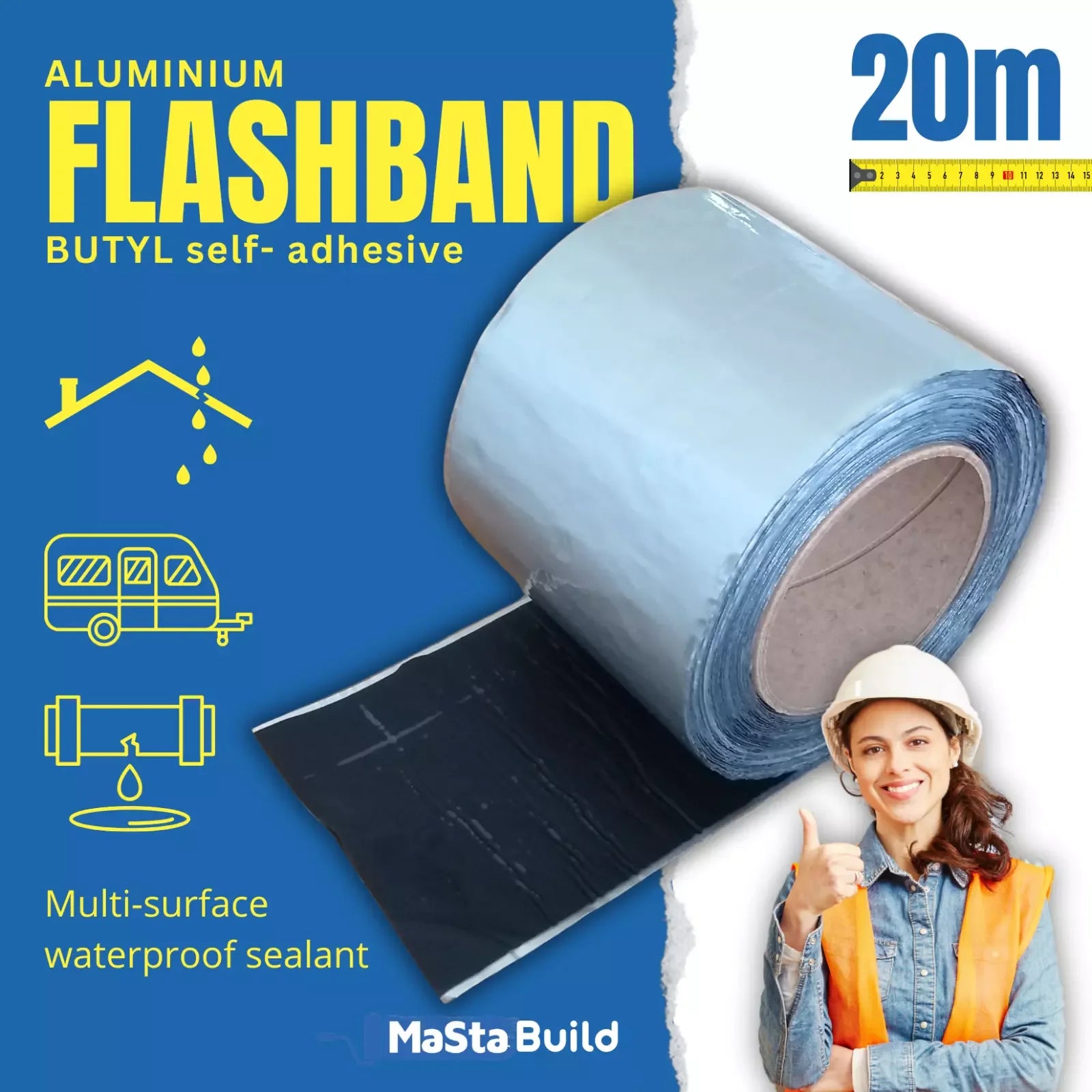 20m flashing tape, aluminium reinforced tape, aqua build, butyl tape, caravan repair tape
