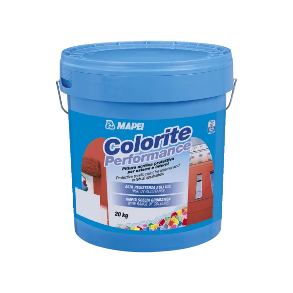 "Colorite Performance protective acrylic paint with UV resistance for interior and exterior walls, available in a wide range of colours."
