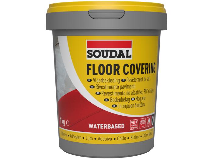 Soudal Floor Covering Adhesive 1kg tub, water-based solvent-free adhesive for bonding carpets, vinyl and linoleum flooring.