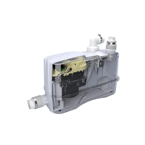 Clear plastic toilet tank of Genix 130 Comfort showing internal flushing mechanism