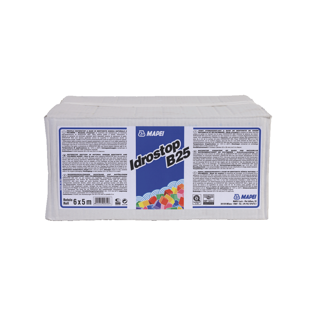 Mapei Idrostop B25 hydro-expanding bentonite waterstop strip for waterproofing concrete construction joints.