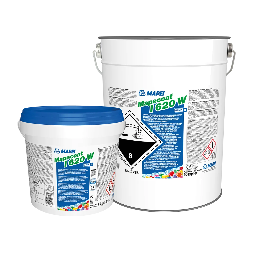 MAPECOAT I 620 W, two-component water-based epoxy coating, displayed in 5 kg (Component A) and 10 kg (Component B) containers, designed for concrete floors and cementitious substrates.