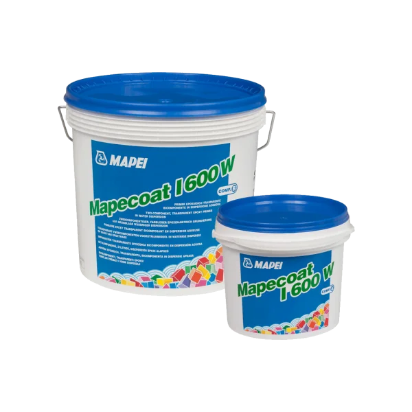 Mapei Mapecoat I 600W two-component epoxy resin primer in white plastic buckets with blue lids, available in different kit sizes.