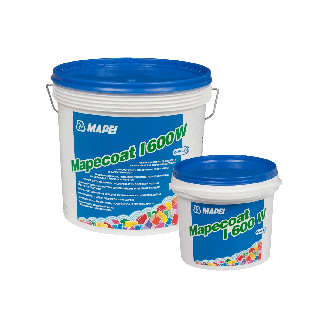 Mapei Mapecoat I 600W two-component epoxy resin primer in white plastic buckets with blue lids, available in different kit sizes.