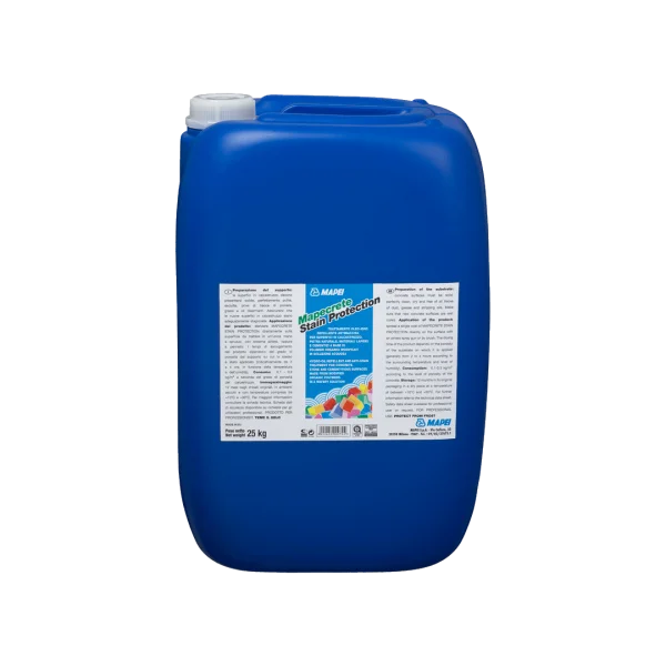 "MAPECRETE STAIN PROTECTION hydro-oil repellent and anti-stain treatment for concrete, natural stone, and cementitious surfaces, offering protection against oil and stains."