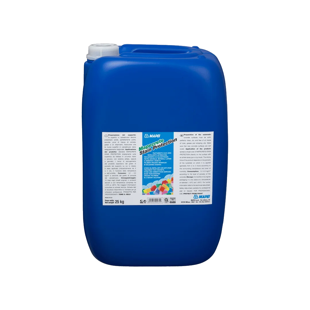 "MAPECRETE STAIN PROTECTION hydro-oil repellent and anti-stain treatment for concrete, natural stone, and cementitious surfaces, offering protection against oil and stains."