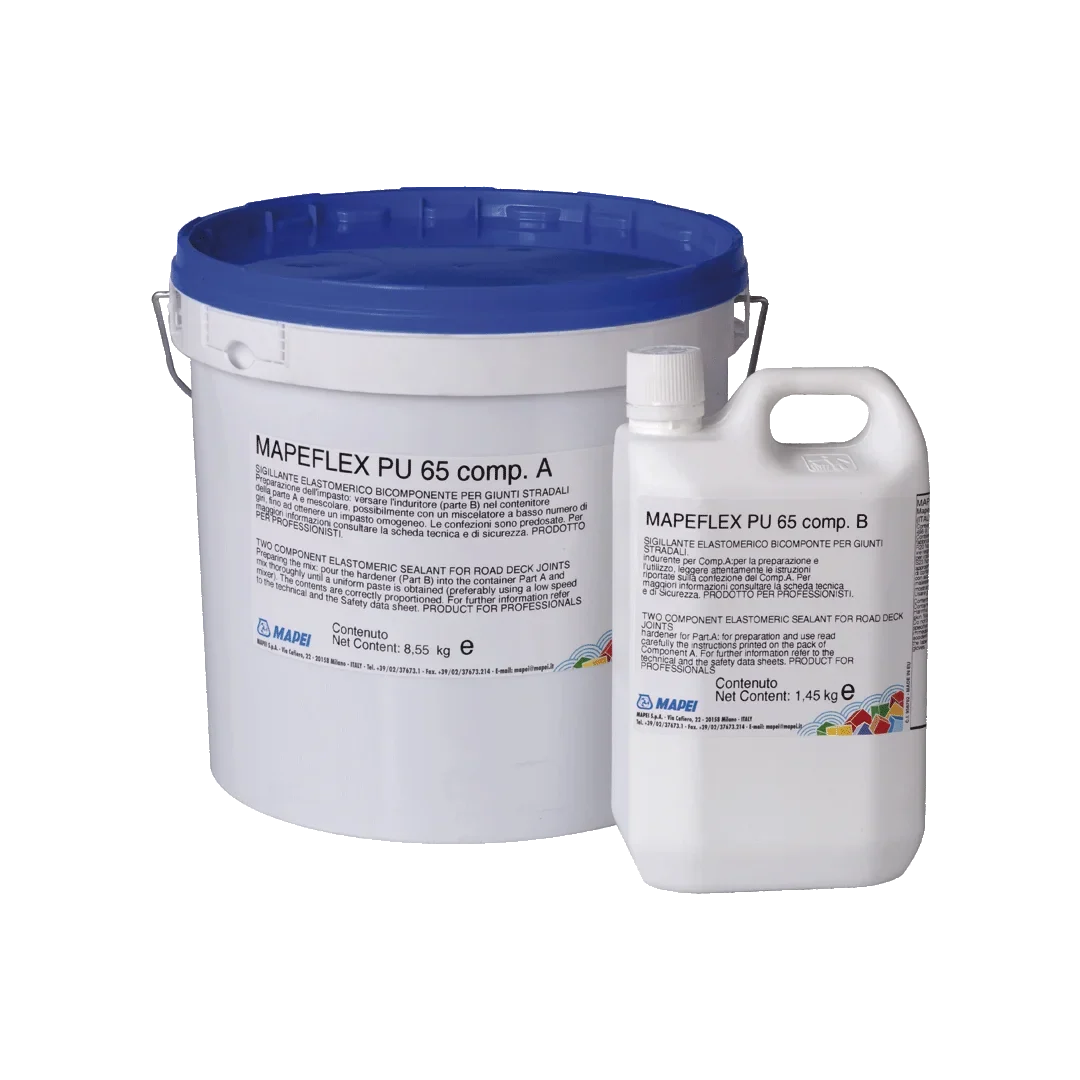 "MAPEFLEX PU65 two-component polyurethane sealant for road joints, black pourable sealant mixable with quartz sand and catalyst for durable heavy-duty sealing."