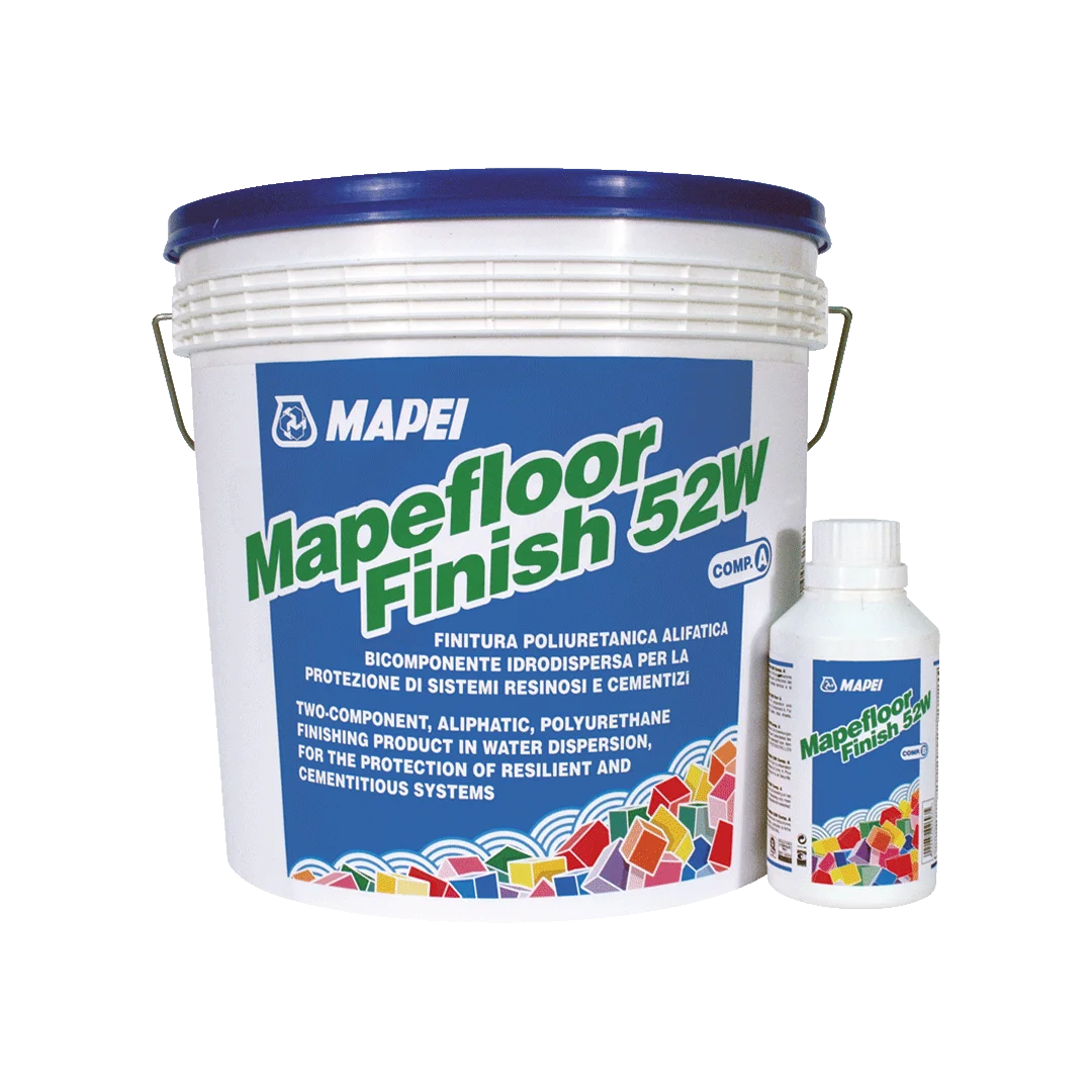 Mapei Mapefloor Finish 52 W two-component polyurethane sealer – large plastic drum with smaller bottle, used as a dust-repellent and anti-oil protective finishing coat for concrete and epoxy floors.