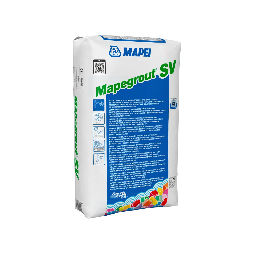 Bag of Mapei Mapegout SV – high-performance, quick-setting, shrinkage-compensated mortar for concrete repair, featuring product details and branding on packaging.