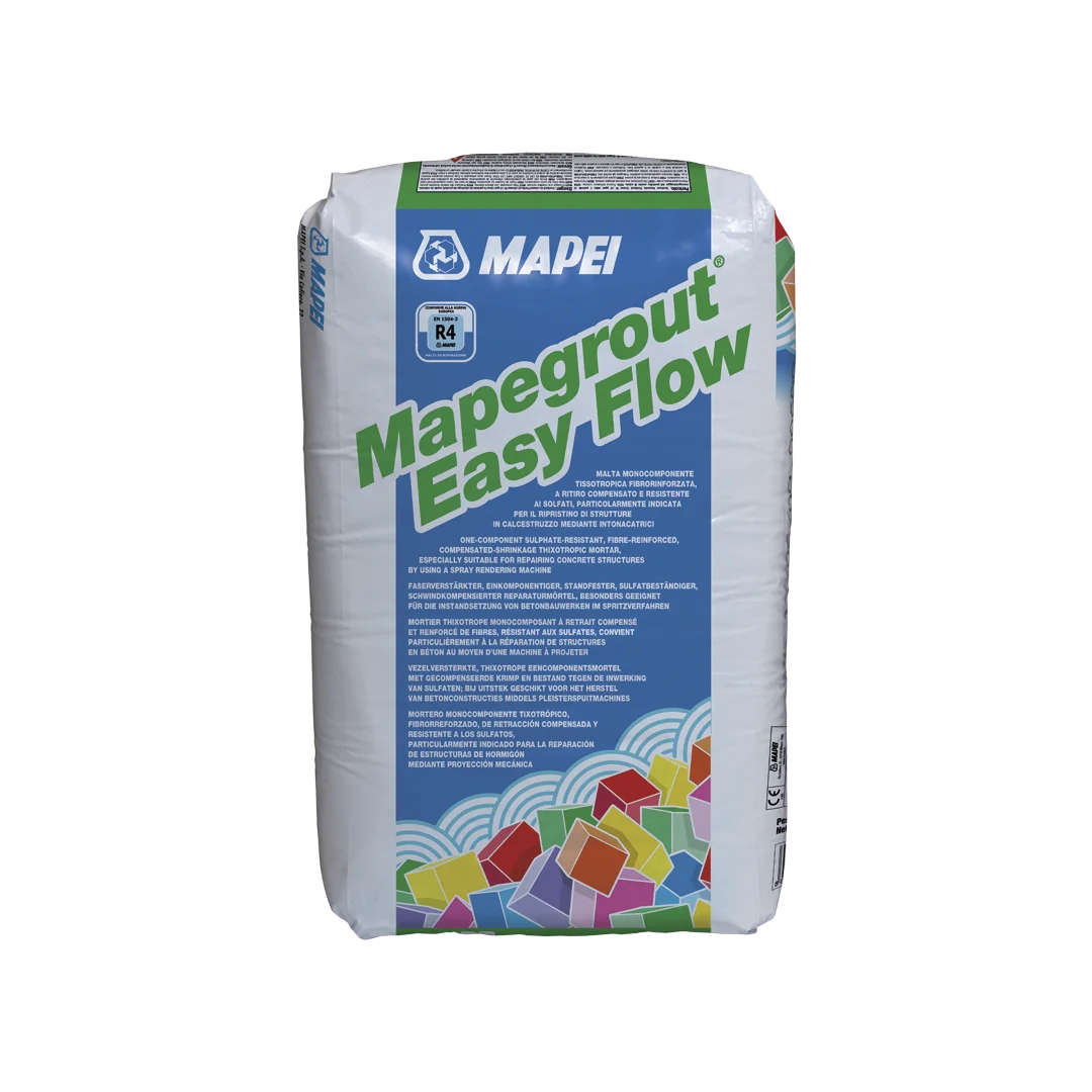 Mapei Mapegrount Easy Flow 25kg Bag, a fibre-reinforced, sulphate-resistant mortar for concrete repair, ideal for long-distance pumping and vertical surface applications.