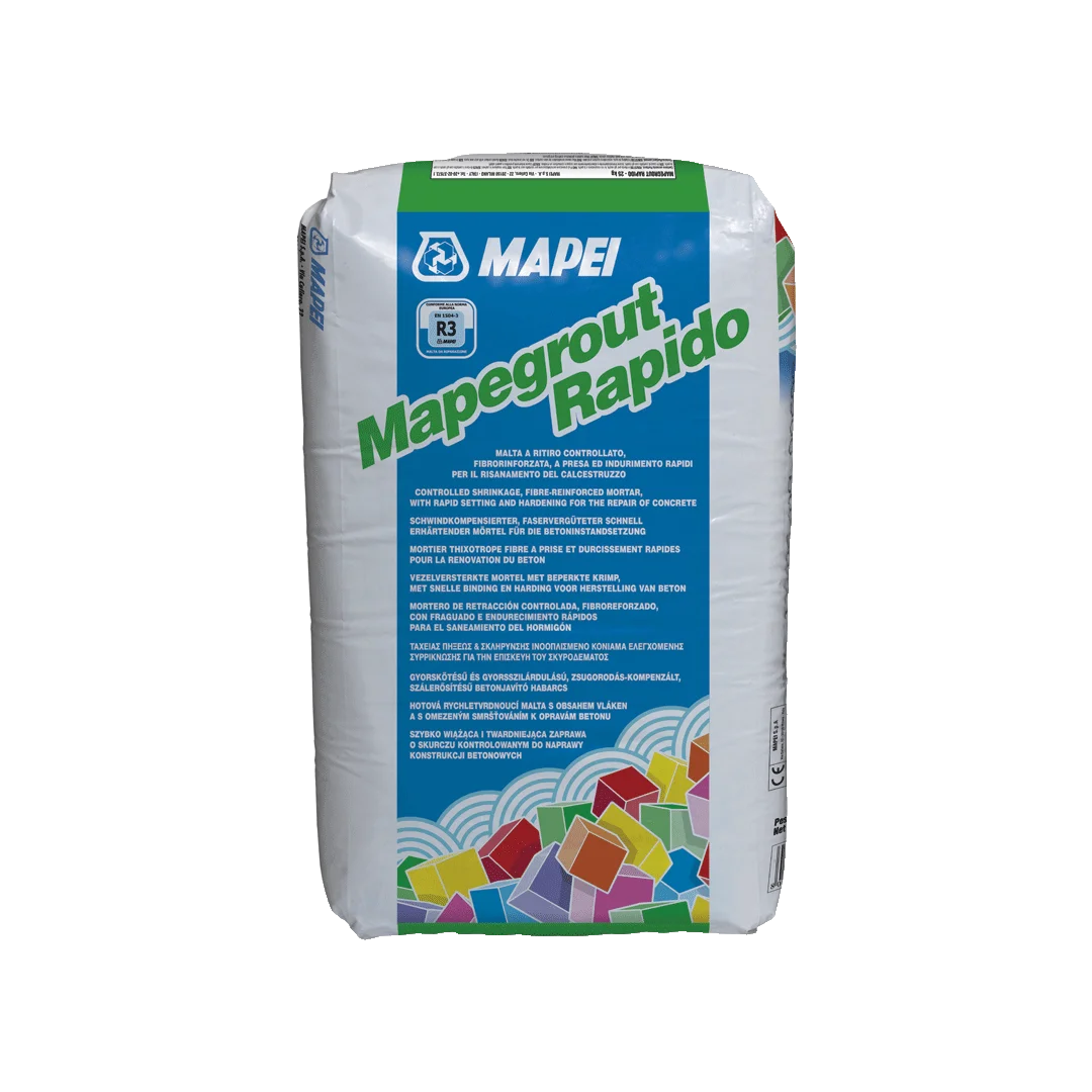 Mapei Mapegrount Rapido 25kg Bag, a controlled-shrinkage, fibre-reinforced rapid-setting mortar for quick concrete repairs, ideal for use on damaged structures