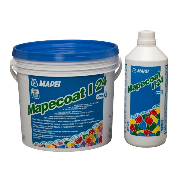Two-component epoxy paint Mapecoat I 24 in packaging, with a 5 kg bucket (Component A) and a 1-liter bottle (Component B), used for acid-resistant coating on concrete surfaces.