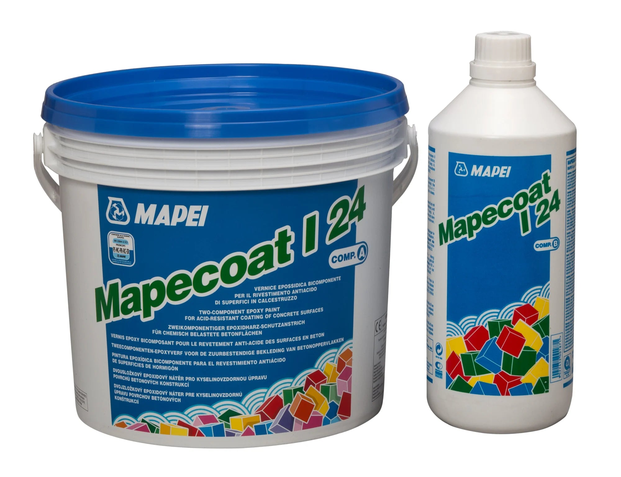 Two-component epoxy paint Mapecoat I 24 in packaging, with a 5 kg bucket (Component A) and a 1-liter bottle (Component B), used for acid-resistant coating on concrete surfaces.