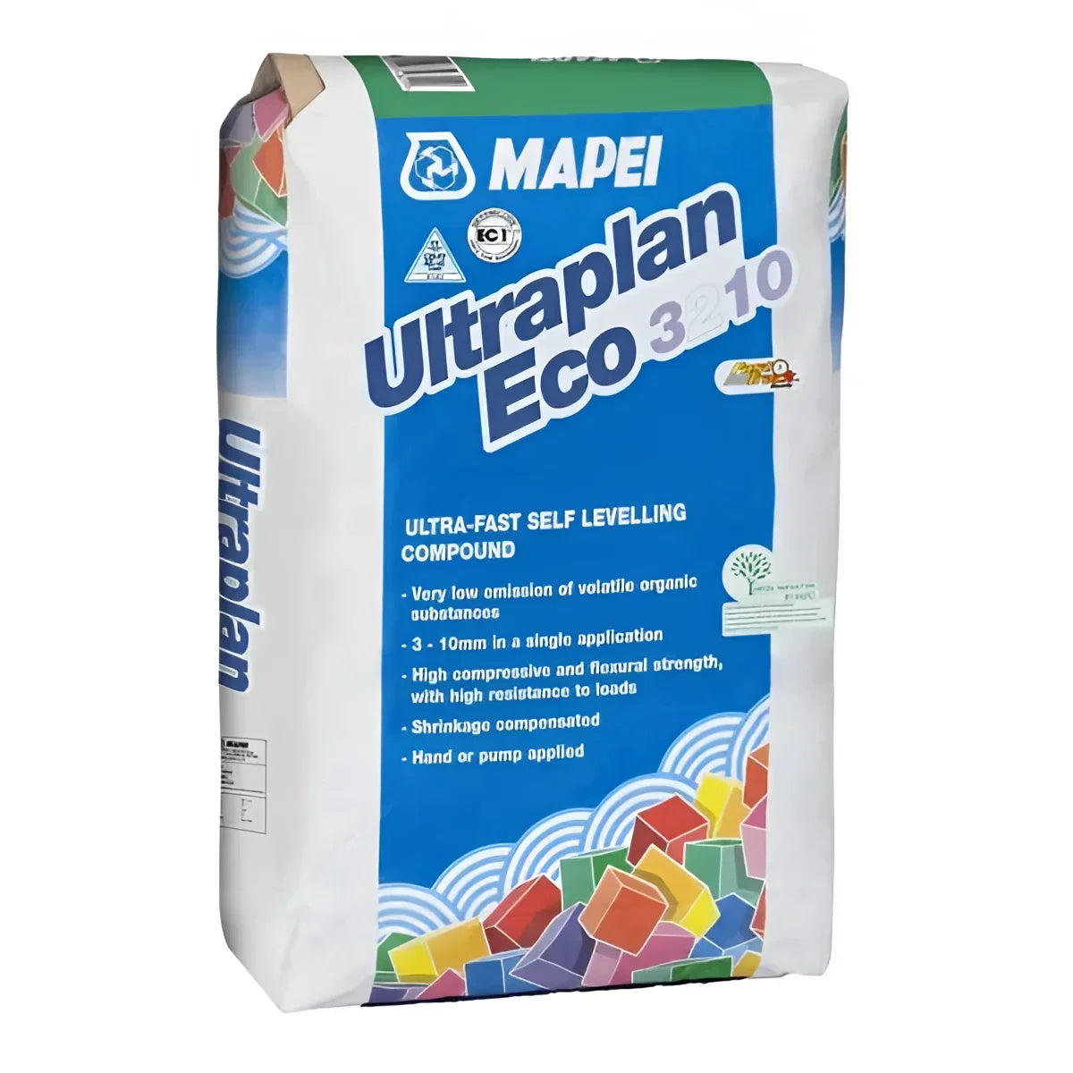 Bag of Mapei Ultraplan Eco 3210 ultra-fast self-levelling compound, 20kg, labeled for interior use with low VOC, 3–10mm application, and shrinkage compensation.