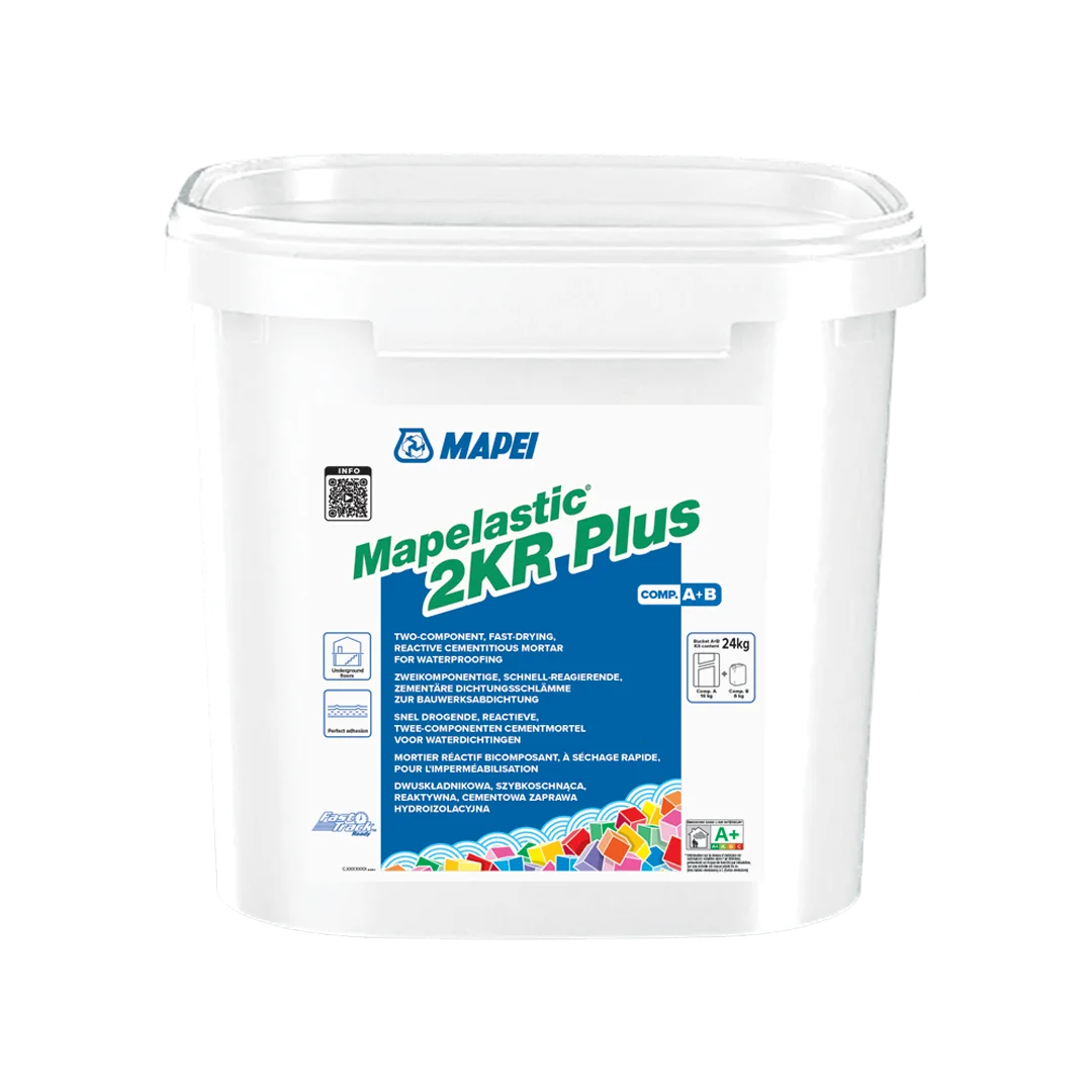 Mapei Mapelastic 2KR Plus – 24kg two-component flexible waterproofing mortar in white plastic tub for concrete, tile, and slab protection"