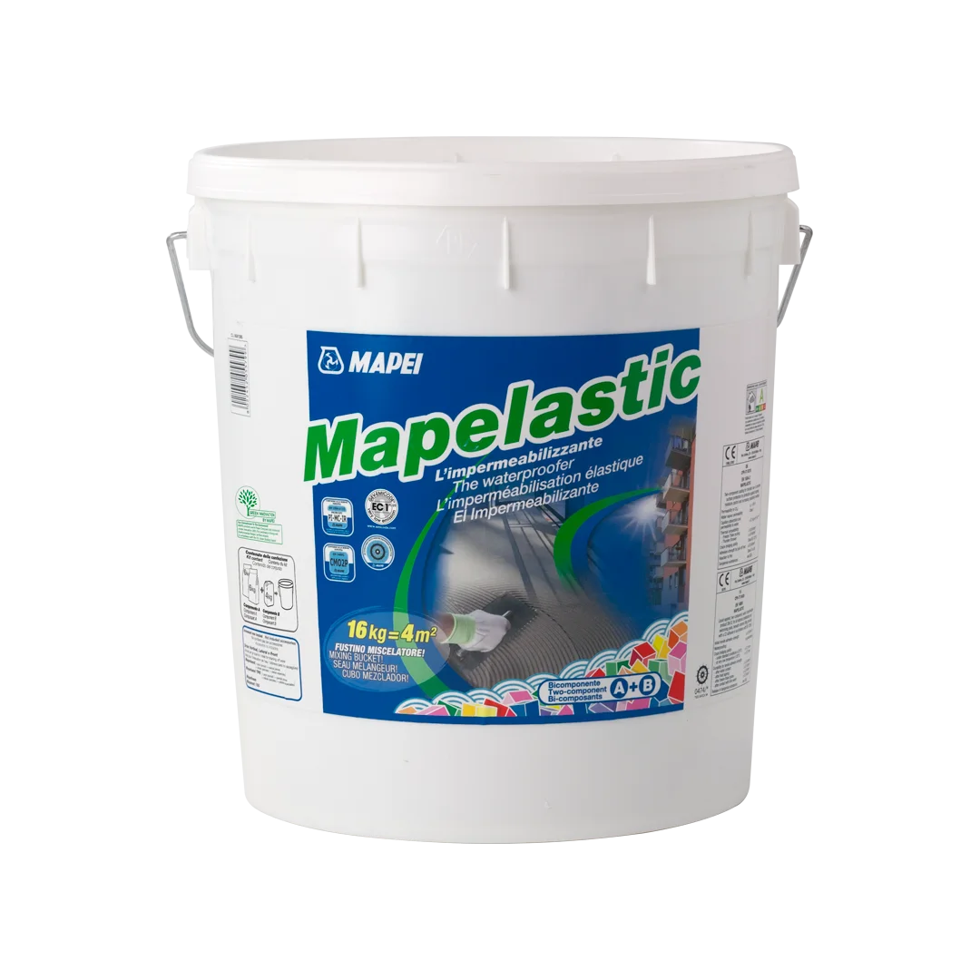 Mapei Mapelastic 16kg waterproofing mortar bucket for balconies, terraces, bathrooms, and swimming pools – flexible cementitious coating.
