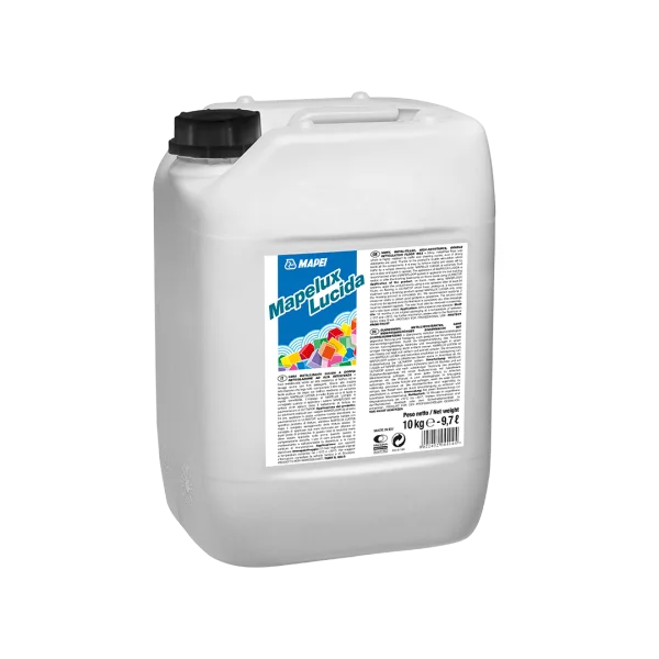 Mapei Mapelux Lucida 10kg container – high-strength metallic floor wax for protecting and polishing Ultratop and Mapefloor system floors.