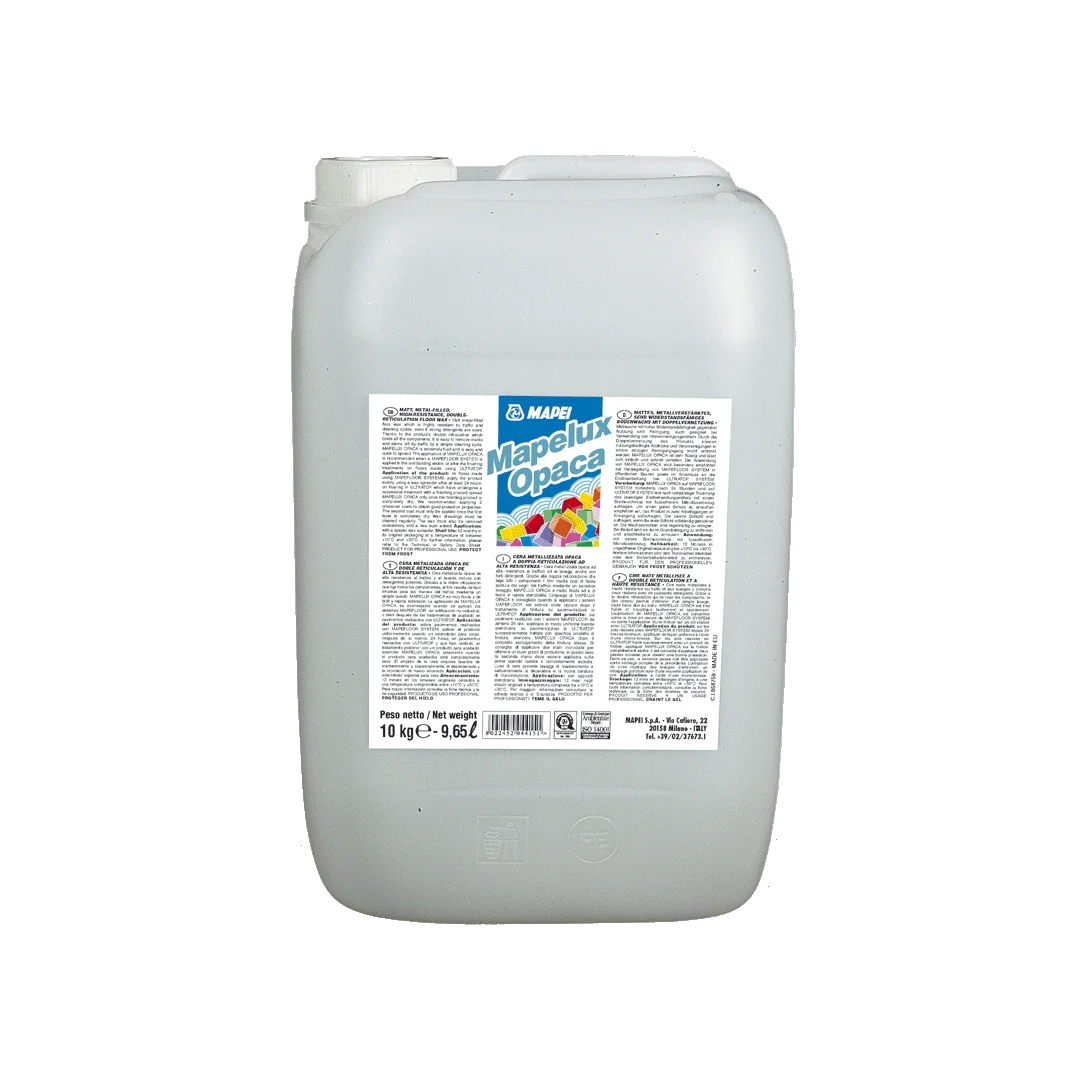 Container of Mapei Mapelux Opaca – a high-strength, matt metallic wax used with the Mapefloor system and Ultratop floors for durable surface protection.