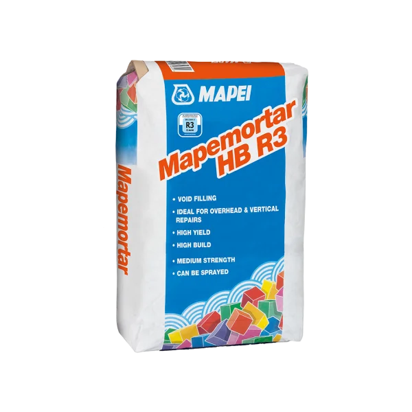 Mapei Mapemortar HB R3 25 kg high-build structural concrete repair mortar in grey bag, for vertical, overhead, and horizontal concrete restoration.