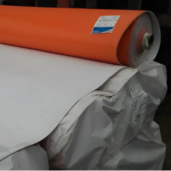 Roll of MAPEPLAN TU S 20 orange PVC-P membrane with geotextile backing, ready for waterproofing installation