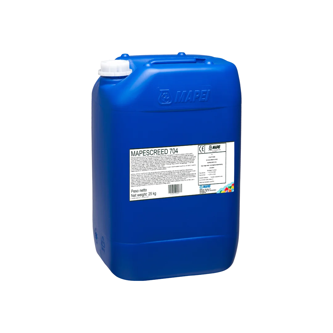 "MAPESCREED 704 acrylic-based plasticising and water-reducing admixture for cementitious screeds, improving workability, reducing shrinkage, and enhancing strength."