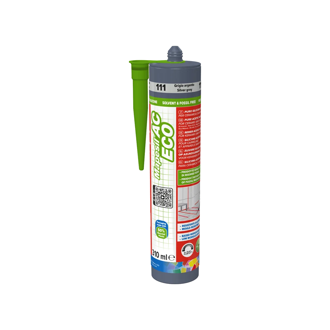 MAPESIL AC ECO silicone sealant tube in silver grey color, featuring eco-friendly, solvent-free, and mould-resistant product labeling
