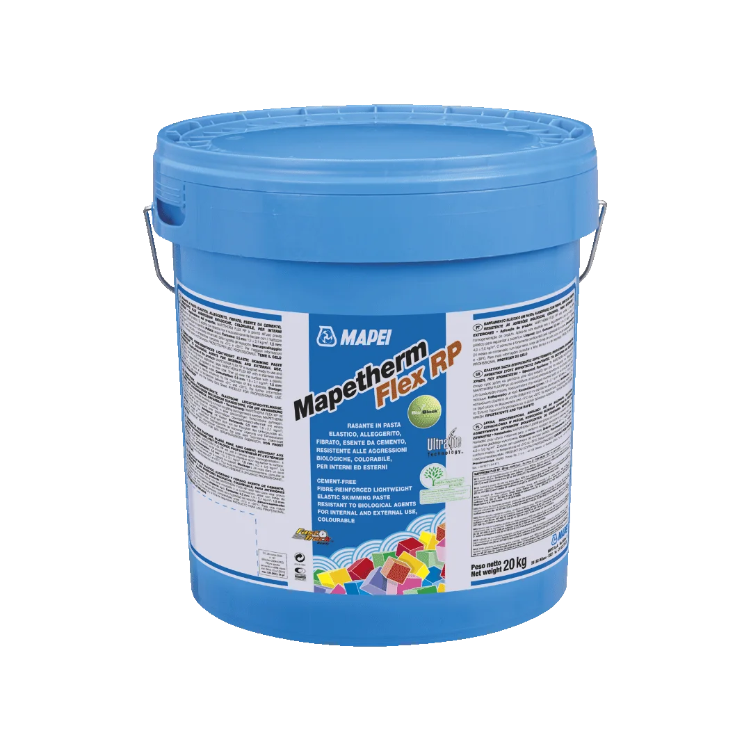 A 20 kg bucket of MAPETHERM FLEX RP, a cement-free, fibre-reinforced, lightweight elastic skimming paste for high-impact protection and insulation systems.