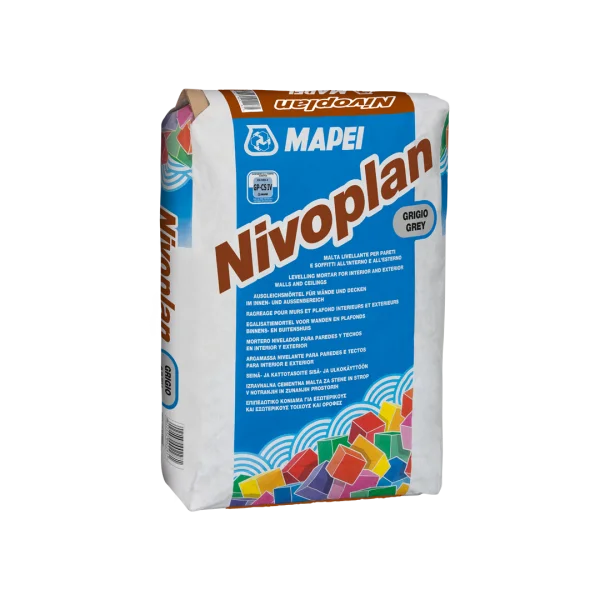 "Nivoplan smoothing mortar for levelling internal and external walls and ceilings before tiling or painting."