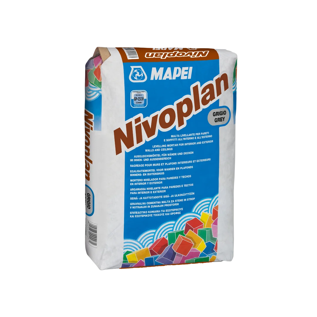 "Nivoplan smoothing mortar for levelling internal and external walls and ceilings before tiling or painting."
