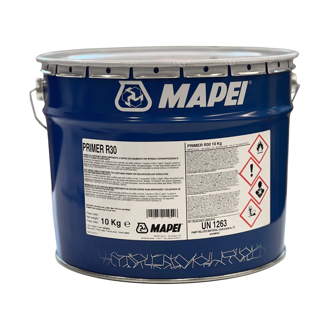 Primer R30 fast-drying polyurethane primer for overlays and overlaps of polyurethane-based waterproofing membranes.