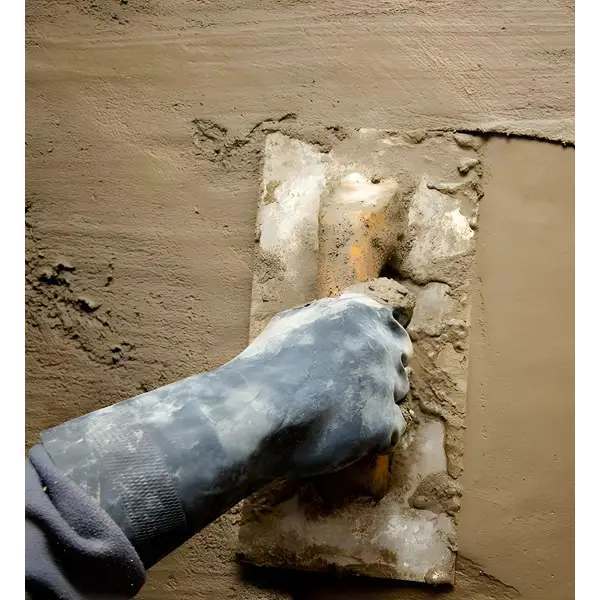 Gloved hand applying plaster to a wall using SBR Latex additive for resistance