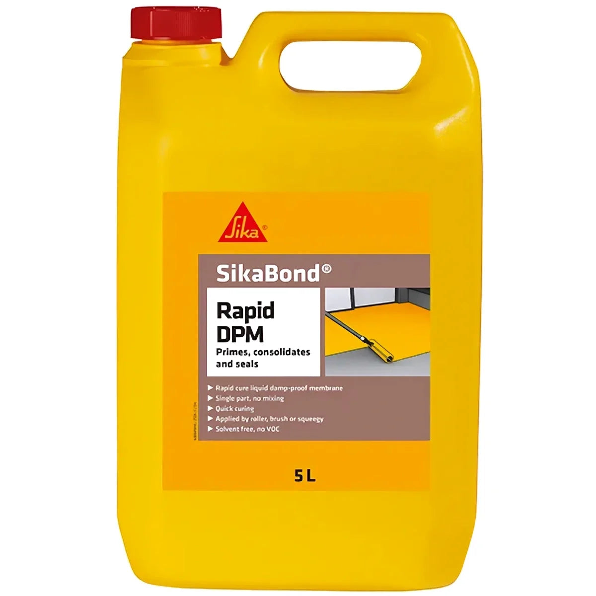 SikaBond Rapid DPM 5L moisture curing polyurethane damp proof membrane for subfloor sealing and flooring preparation.