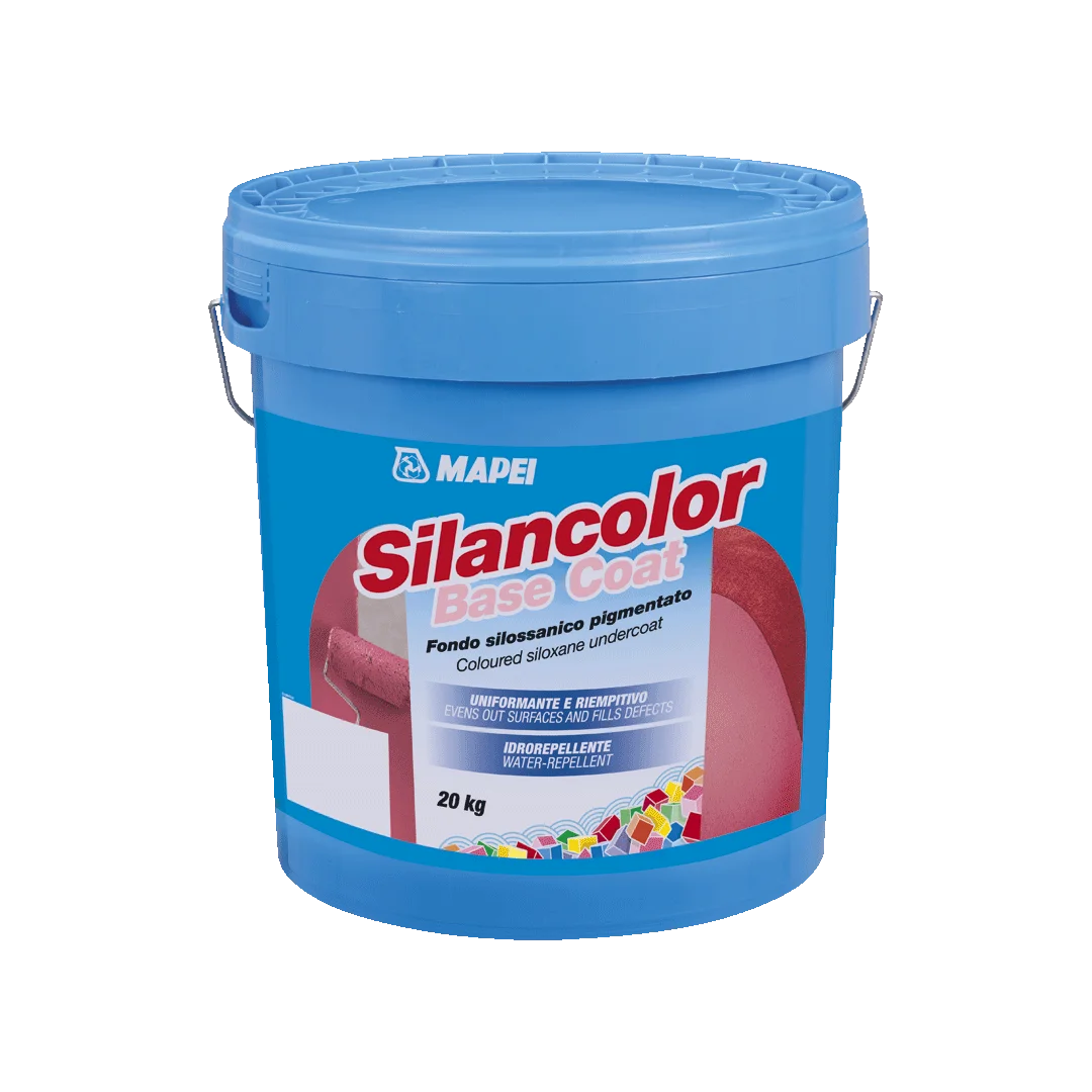 Mapei Silancolor Base Coat 20kg coloured siloxane undercoat in blue plastic bucket for exterior and interior wall protection and finishing